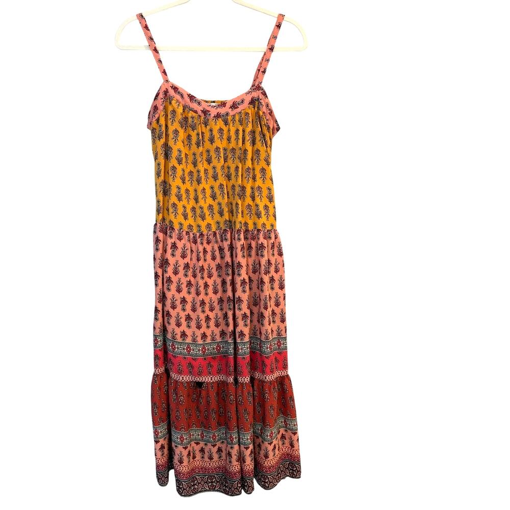 Knox Rose Boho Floral Tiered Midi Dress Sleeveless Peach Yellow Summer Small
